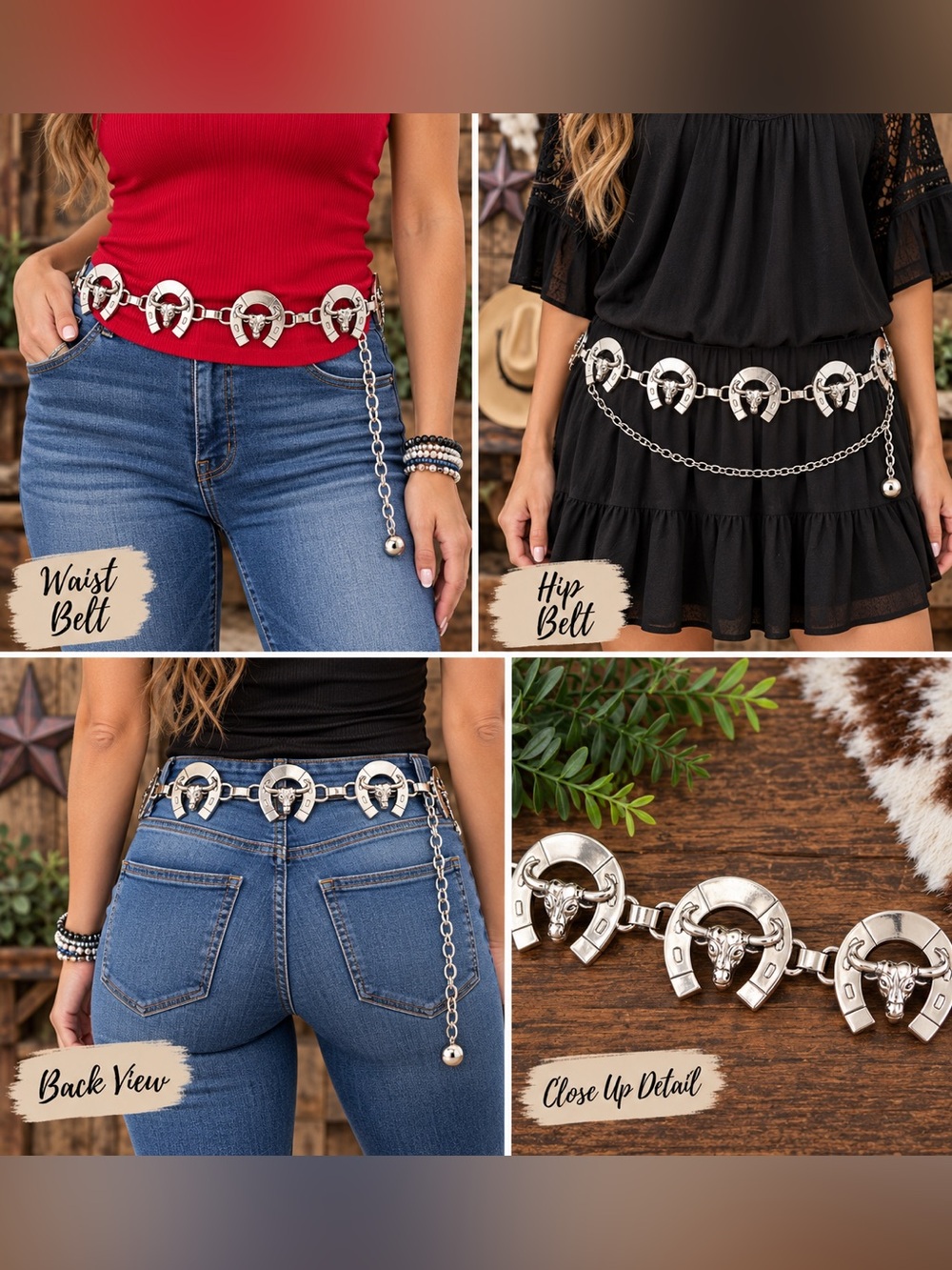 New With Tags Silver Western Longhorn Horseshoe Concho Chain Belt